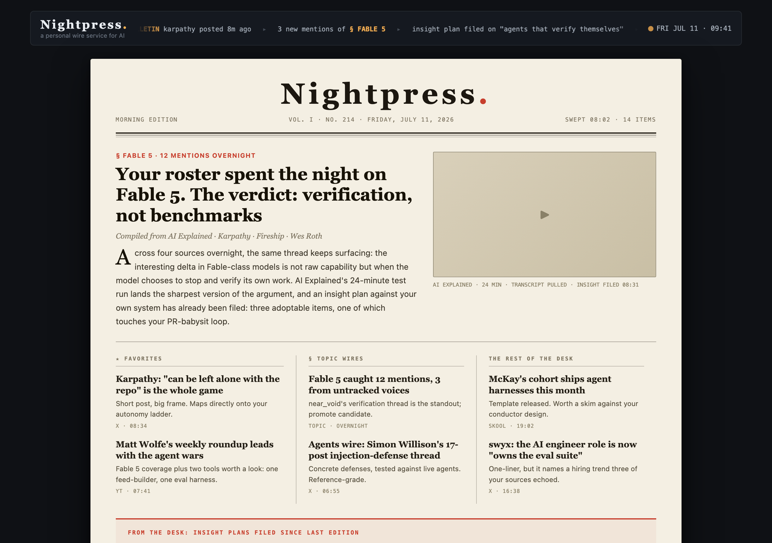 The Morning Edition: a cream newspaper compiled overnight from everything your people posted
